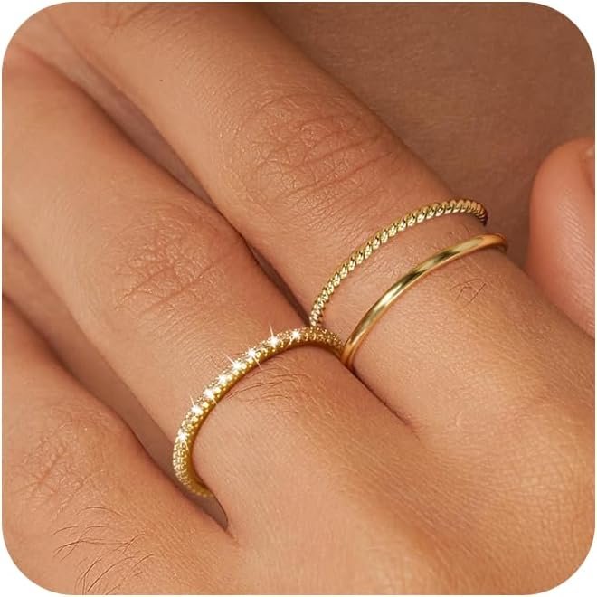 Moodear 3PCS Gold Rings for Women, 14k Gold Plated Stackable Thin Rings for Women Cubic Zirconia Wedding Rings for Women Non Tarnish Wedding Bands Aesthetic Jewelry Size for 5-12