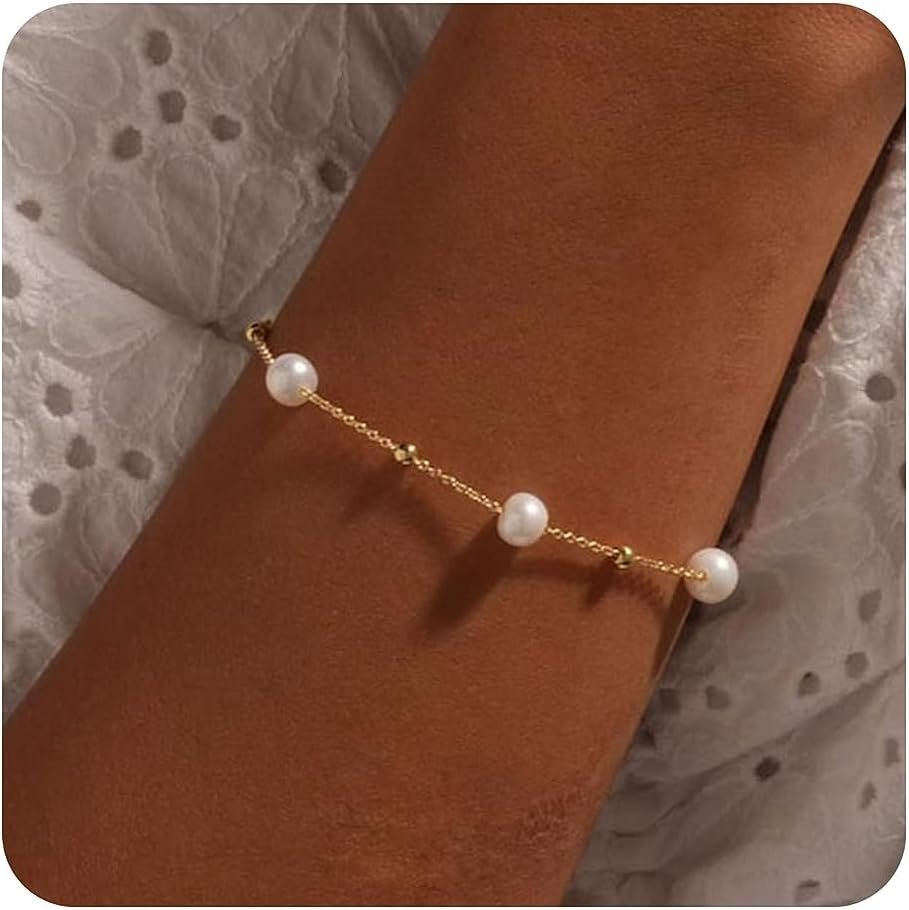 Rumgey Gold Pearl Bracelets for Women Stainless Steel Adjustable 18K Gold Dainty Pearl Bead Link Simple Cute Womens Bracelet Trend Bridesmaid Jewelry Gifts for Girls