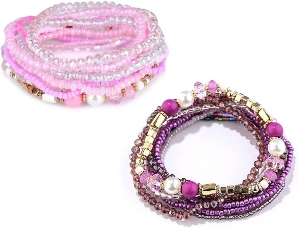 Fuqimanman2020 Boho Multilayer Crystal Beaded Stackable Stretch Bracelets Strand Elestic Simulated Pearl Bohemian for Women Girls Boho Handmade Jewelry