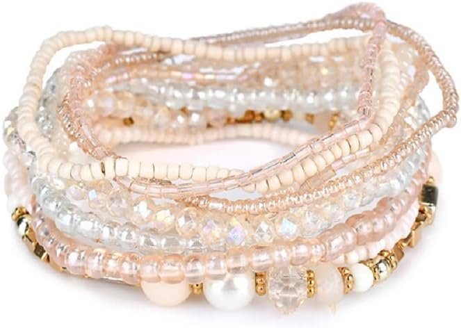 Fuqimanman2020 Boho Multilayer Crystal Beaded Stackable Stretch Bracelets Strand Elestic Simulated Pearl Bohemian for Women Girls Boho Handmade Jewelry