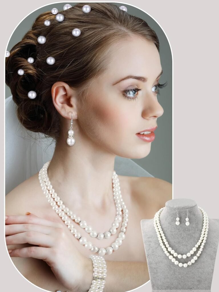 BBTO 8 Pcs Pearl Necklace Earrings Set for Women Girls, Includes Simulated Pearl Bracelet Faux Pearl Necklace Dangle Earrings