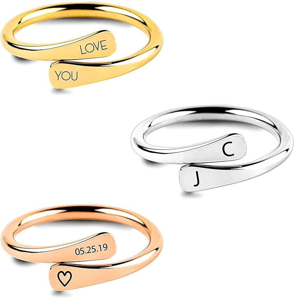 MignonandMignon Personalized Wrap Ring Engraved for Women Double Name Date for Couples Pinky Ring for Men Stackable Customize Mothers Day Gift -RWR