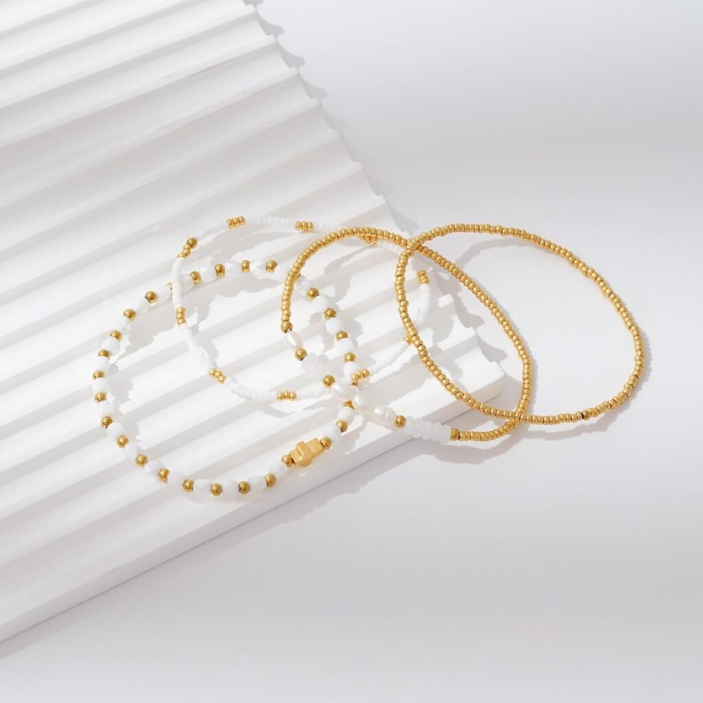 Dainty Gold Pearl Crystal Beaded Bracelets Set for Women 14K Real Gold Plated Bead Pearl Crystal Beads Bracelet Stake Paperclip Link Chain Bracelets Gold Bracelets for Women Trendy Jewelry