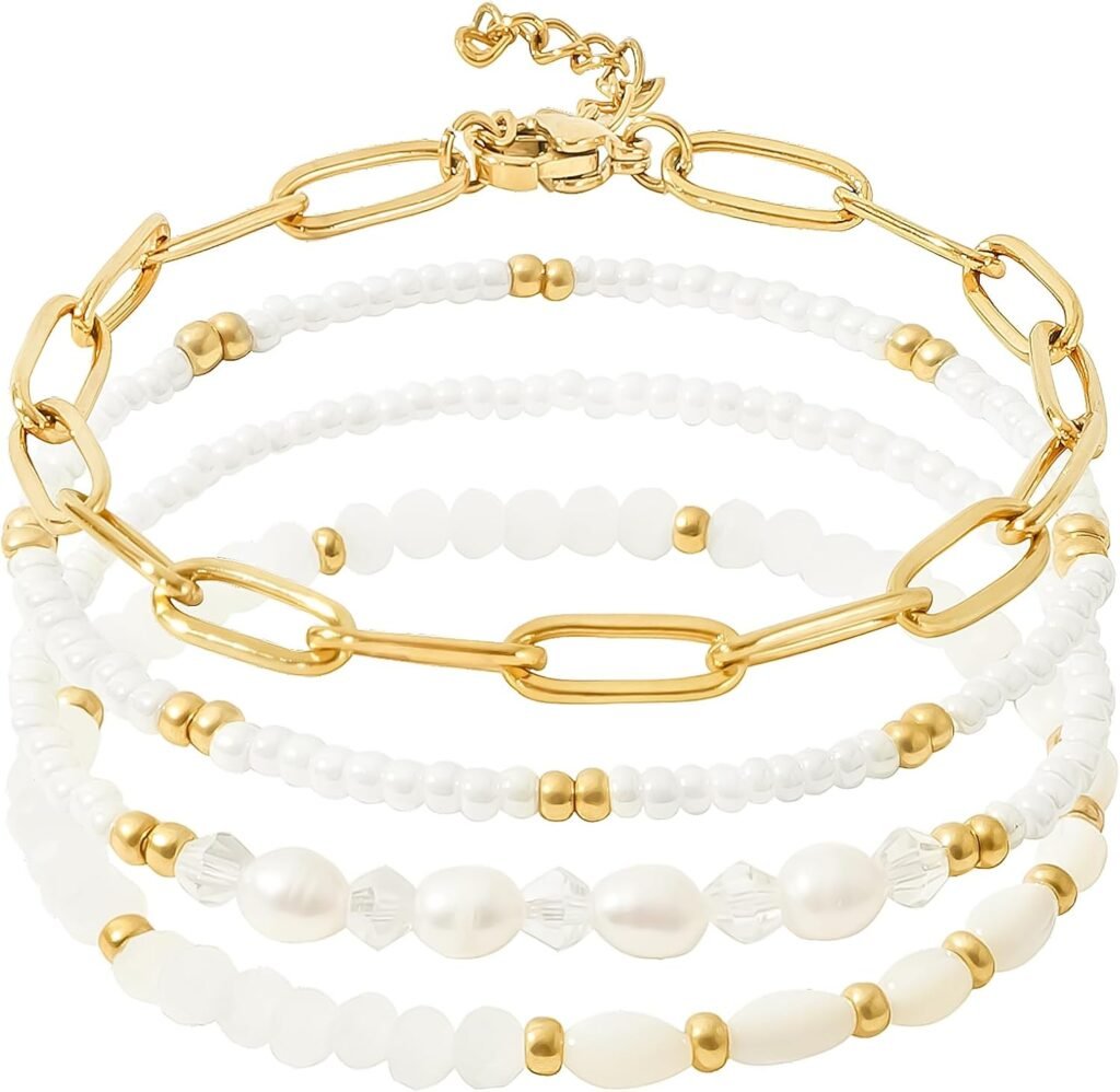 Dainty Gold Pearl Crystal Beaded Bracelets Set for Women 14K Real Gold Plated Bead Pearl Crystal Beads Bracelet Stake Paperclip Link Chain Bracelets Gold Bracelets for Women Trendy Jewelry